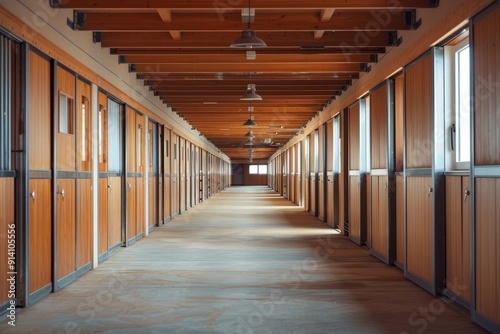 Spacious modern stable building with horse stalls lined on either side featuring wooden doors and ceiling