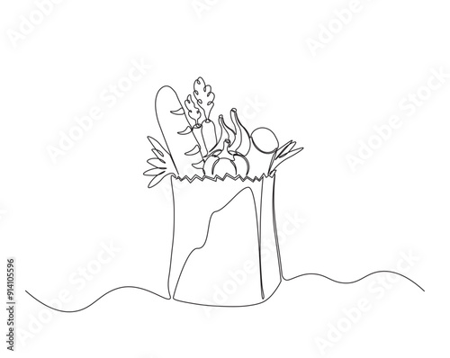 One continuous line drawing of grocery food bag with vegetables. vegetables in paperbag single line illustration.