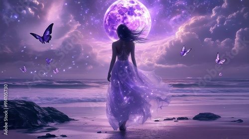 A woman is walking on a beach with a large purple moon in the background