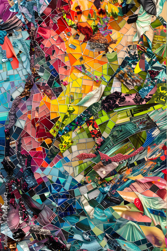 Fototapeta premium Dynamic Interplay in Layered Opaque Forms: A Vibrant Collage of Color, Texture, and Depth in Harmonious Motion