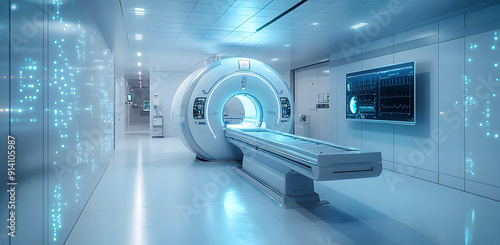 Futuristic Medical Facility with Advanced Technology: MRI Machine and Blue-Toned Digital Screens