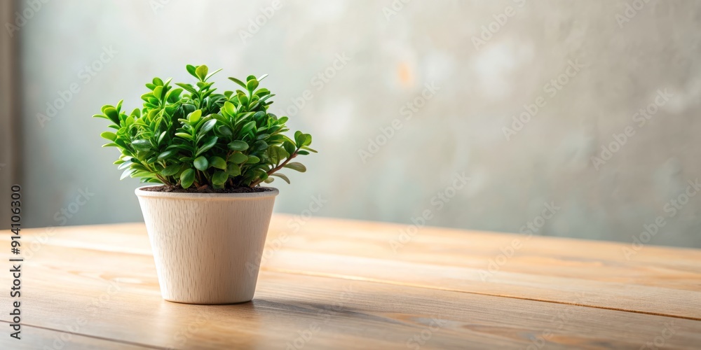Fototapeta premium Small potted green mini plant with delicate curved leaves and subtle texture, placed on a table or shelf, bringing freshness to a modern room decor.