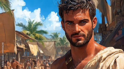 A ruggedly handsome man with a determined expression stands in a vibrant tropical marketplace. photo