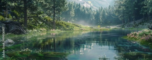 Serene alpine lake, 4K hyperrealistic photo