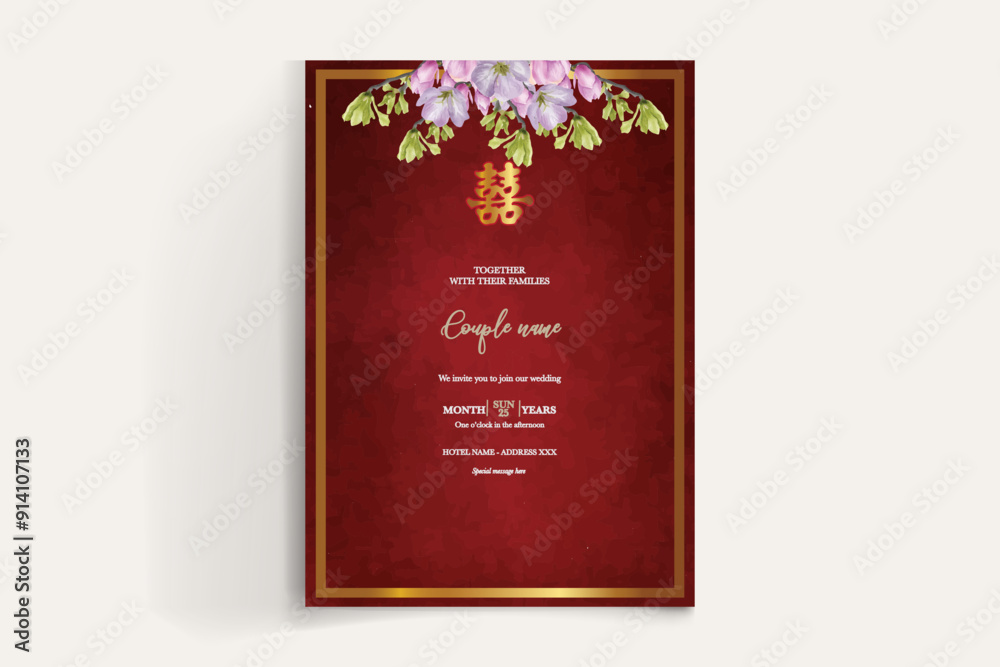WEDDING INVITATION FRAME WITH FLOWER DECORATIONS AND FRESH LEAVES