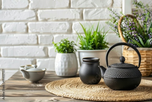 Tea ceremony set with potted plants on stone countertop Kitchen background