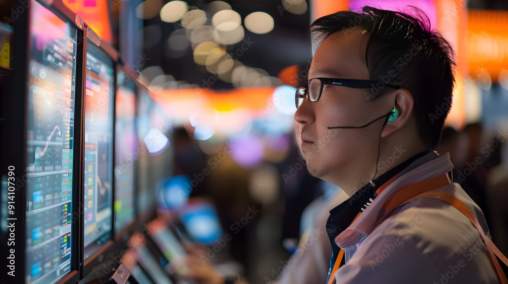 Image of a trader networking and learning at a trading expo or convention, filled with booths. Image of a trader networking and learning at a trading expo or convention, filled with booths.