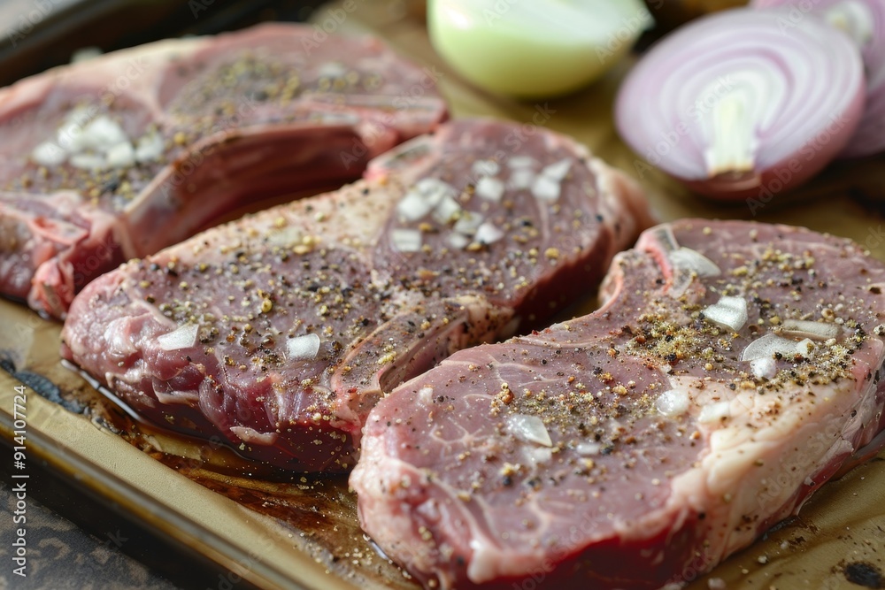 Three ribeye steaks seasoned with spices and onions ready to cook Three ribeye steaks seasoned with spices and onions ready to cook