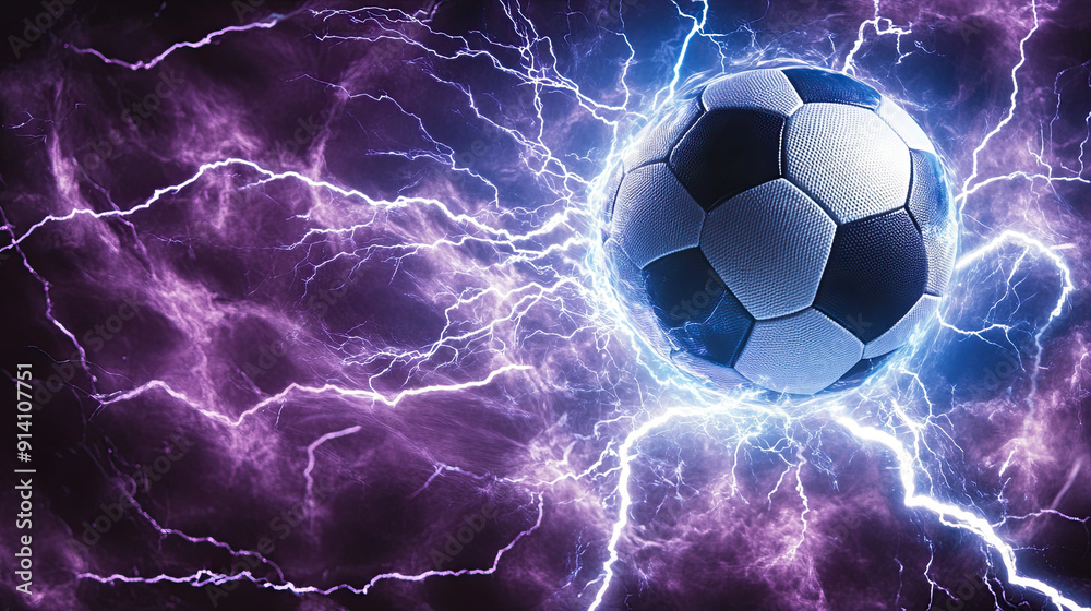 Fototapeta premium Flying Football with Lightning on Dark Background, Energy Flash and Light Effects, Dynamic Football Burst, Intense Light and Thunder Visual, High-Impact Sports Design, Dramatic Lightning and Ball