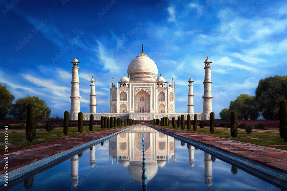 Obraz premium The Taj Mahal is a beautiful white building with a blue sky in the background. The reflection of the building in the water adds to the serene atmosphere of the scene