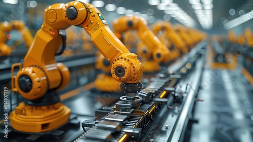 Industrial Robots on Assembly Line in Factory