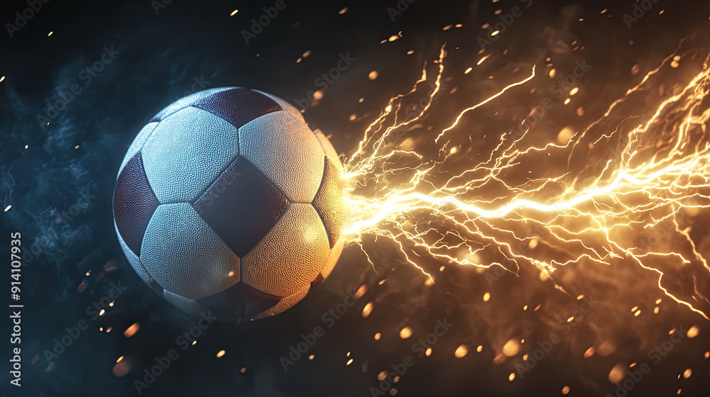 Fototapeta premium Flying Football with Lightning on Dark Background, Energy Flash and Light Effects, Dynamic Football Burst, Intense Light and Thunder Visual, High-Impact Sports Design, Dramatic Lightning and Ball