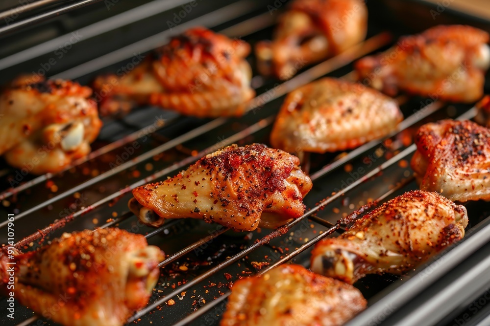 Top view closeup of crispy baked spicy chicken wings on oven tray in process of making Top view closeup of crispy baked spicy chicken wings on oven tray in process of making