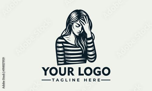 Woman with hand on forehead vector logo, striped shirt appears sad. Suitable for mental health, emotion, stress concepts.