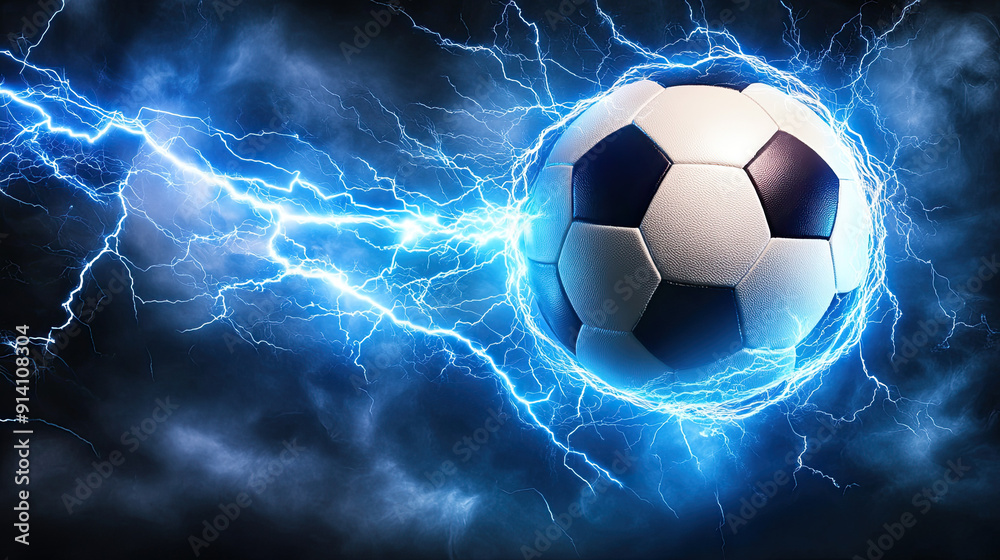 Fototapeta premium Flying Football with Lightning on Dark Background, Energy Flash and Light Effects, Dynamic Football Burst, Intense Light and Thunder Visual, High-Impact Sports Design, Dramatic Lightning and Ball