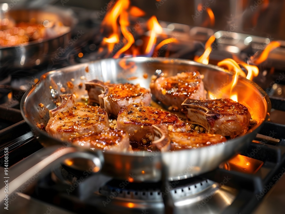 Dramatic Low Angle Shot of Sizzling Pork Chops in Stainless Steel Frying Pan on Modern Gas Range Dramatic Low Angle Shot of Sizzling Pork Chops in Stainless Steel Frying Pan on Modern Gas Range