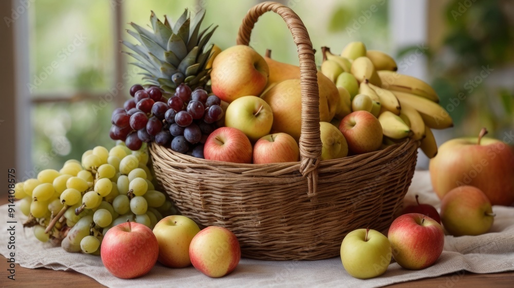 Elegant Fruit Basket on Table. A Symbol of Freshness and Hospitality Elegant Fruit Basket on Table. A Symbol of Freshness and Hospitality