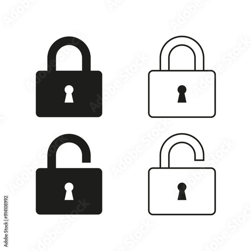 Lock and unlock icons. Black and white vector. Padlock silhouette set. Security symbol design. photo