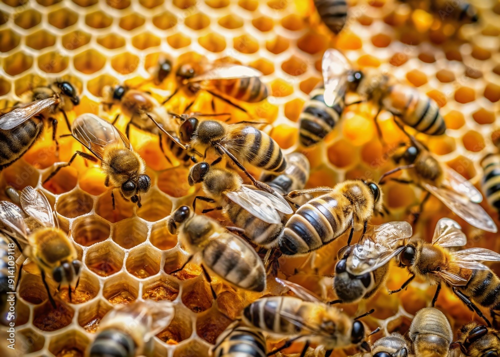 Busy bees swarm around honeycombs, meticulously crafting golden honey cells, their collective labor creating a sweet, waxen masterpiece in the heart of a thriving beehive. Busy bees swarm around honeycombs, meticulously crafting golden honey cells, their collective labor creating a sweet, waxen masterpiece in the heart of a thriving beehive.