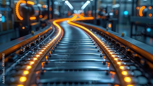 Industrial Conveyor Belt with Orange Lights - Realistic Image