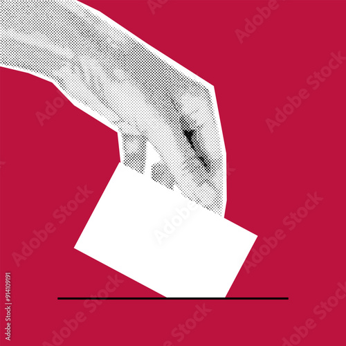 Halftone collage of a womans hand puts down a ballot. Poster for voting in elections. Trendy vintage vector illustration on red background