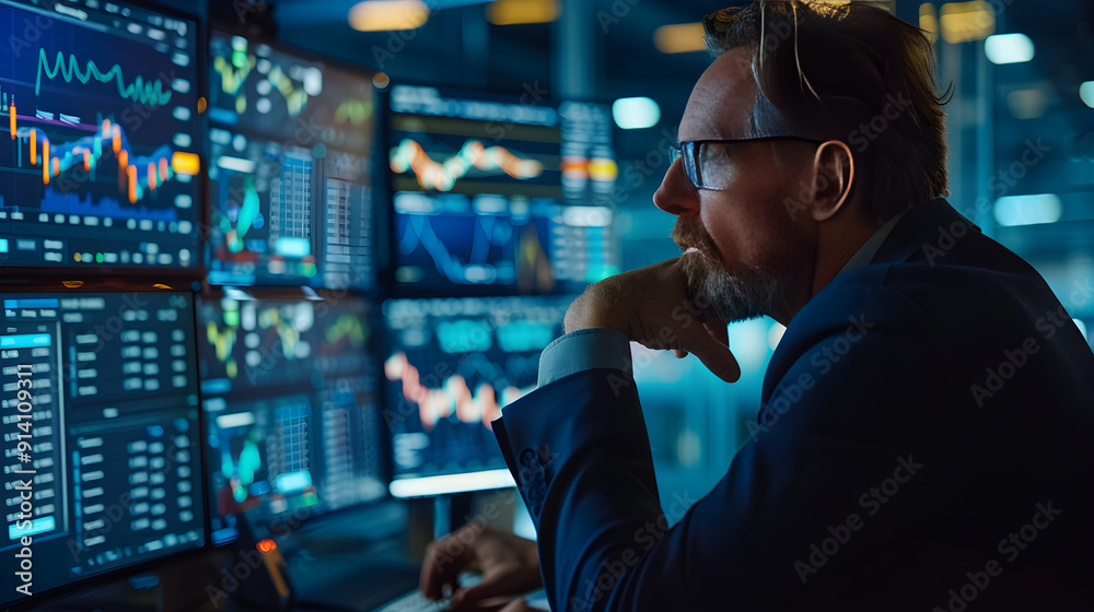 Stock trader focused on premarket and afterhours trading, analyzing data on multiple computer screens. Stock trader focused on premarket and afterhours trading, analyzing data on multiple computer screens.