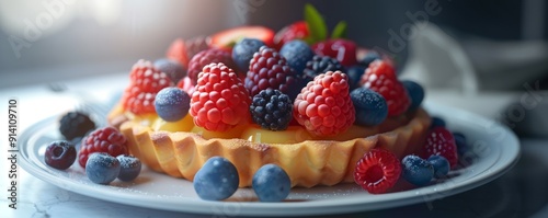 Plate of fresh fruit tart, 4K hyperrealistic photo