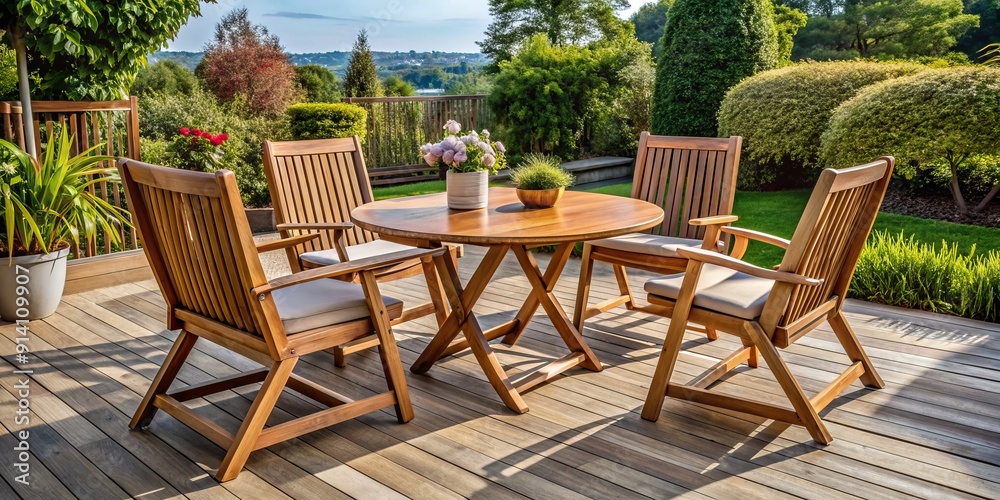 Obraz premium Elegant wooden patio set with matching tables and chairs, perfect for al fresco dining or relaxing on a serene balcony or outdoor living space.
