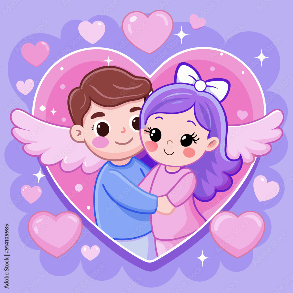 Adorable Couple with Angel Wings in Heart Background for Valentine's Day Illustration Adorable Couple with Angel Wings in Heart Background for Valentine's Day Illustration