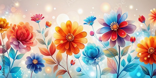 Vibrant celebration banner featuring abstract transparent blue, orange, pink, and red flowers on a light background, perfect for International Women's Day, birthday, or Mother's Day festivities.