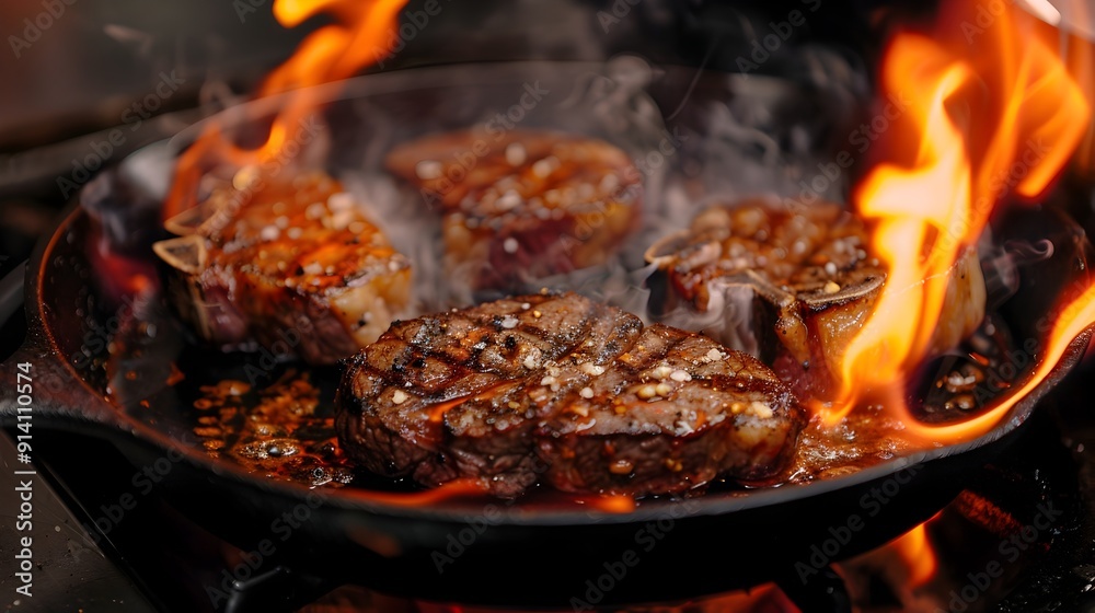 Sizzling Juicy Ribeye Steaks Seared in a Heavy Duty Cast Iron Skillet with Brilliant Orange Flames Sizzling Juicy Ribeye Steaks Seared in a Heavy Duty Cast Iron Skillet with Brilliant Orange Flames