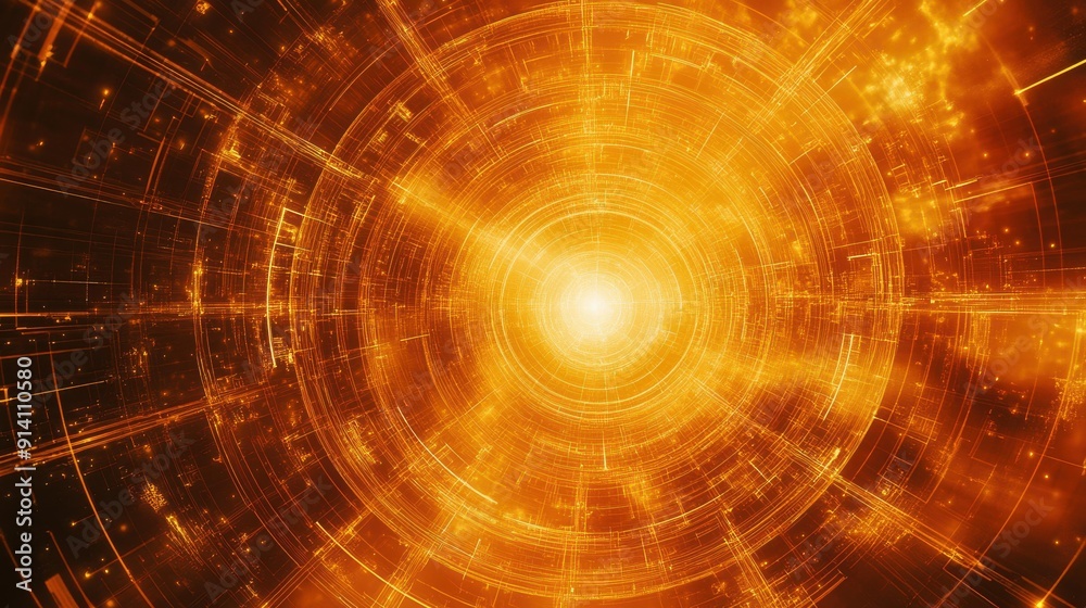 Obraz premium Abstract Golden Light Burst with Digital Patterns - Sci-Fi Data Technology Innovation Background