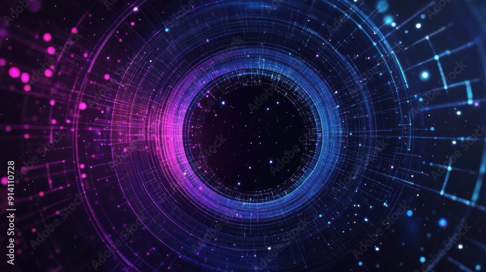 Fototapeta premium Futuristic Purple Blue Digital Tunnel Background Neon Lights – Abstract Tech Vortex Data Visualization & Technology Innovation Concept