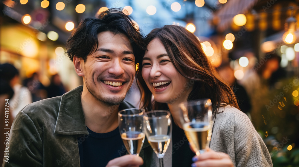 屋外の祝賀会でシャンパングラスを持つ日本人カップル 屋外の祝賀会でシャンパングラスを持つ日本人カップル