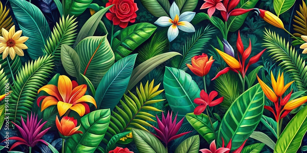 Naklejka premium Vibrant tropical foliage pattern with lush green leaves, exotic flowers, and bold colors creates a seamless wallpaper design infusing fashion with natural beauty.