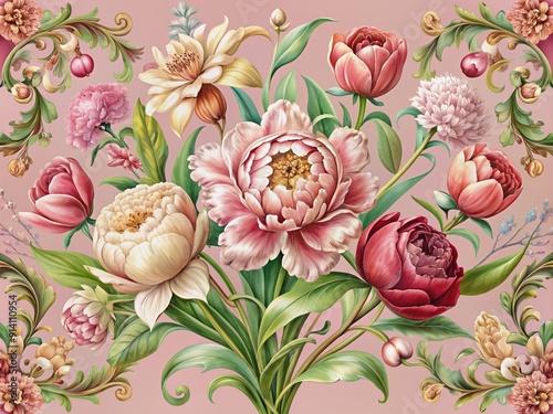 Whimsical vintage floral illustration featuring peonies, tulips, lily, and hydrangea on a soft pink background with intricate Baroque-style details and ornate floristic patterns.