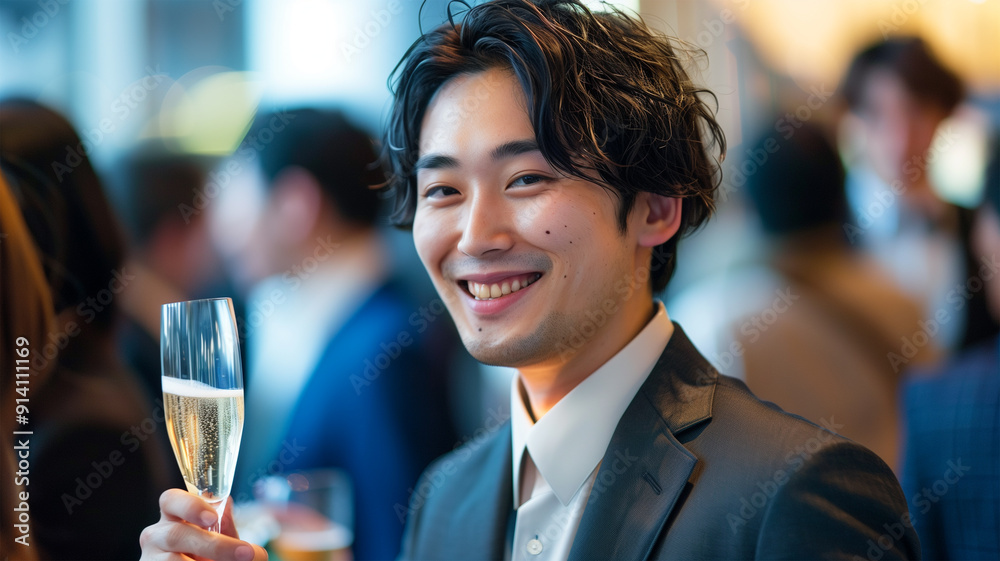 シャンパングラスを持つ日本人男性 シャンパングラスを持つ日本人男性
