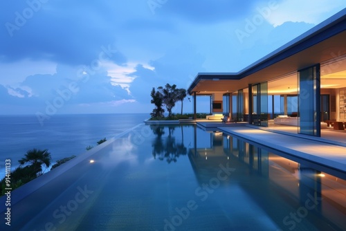 Luxurious modern mansion with glass walls, perched on a cliff, facing the endless blue ocean, with waves crashing below