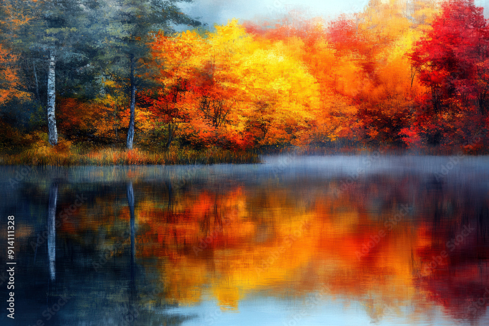 A painting of a forest with trees in autumn colors. The trees are reflected in the water, creating a serene and peaceful atmosphere A painting of a forest with trees in autumn colors. The trees are reflected in the water, creating a serene and peaceful atmosphere