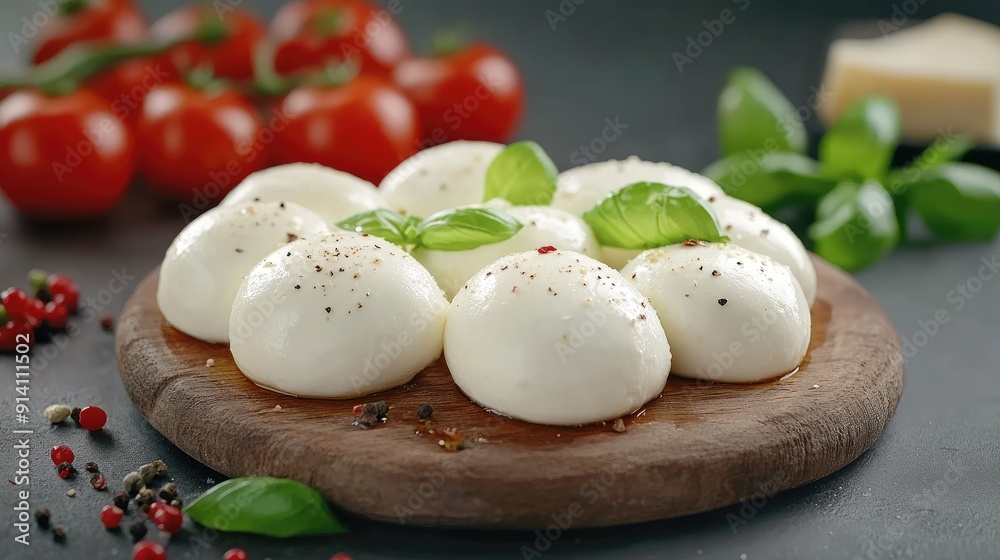 Fresh mozzarella balls arranged on a wooden board, garnished with basil leaves, and surrounded by ripe cherry tomatoes and black pepper Fresh mozzarella balls arranged on a wooden board, garnished with basil leaves, and surrounded by ripe cherry tomatoes and black pepper