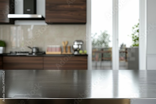 Modern steel table top with a stylish kitchen background, perfect for showcasing products in a high-end advertising context