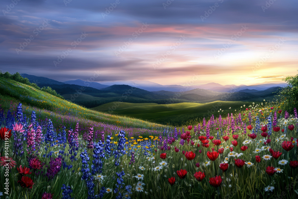 Obraz premium A beautiful field of flowers with a bright blue sky in the background. The flowers are in full bloom and the sun is setting, creating a warm and peaceful atmosphere