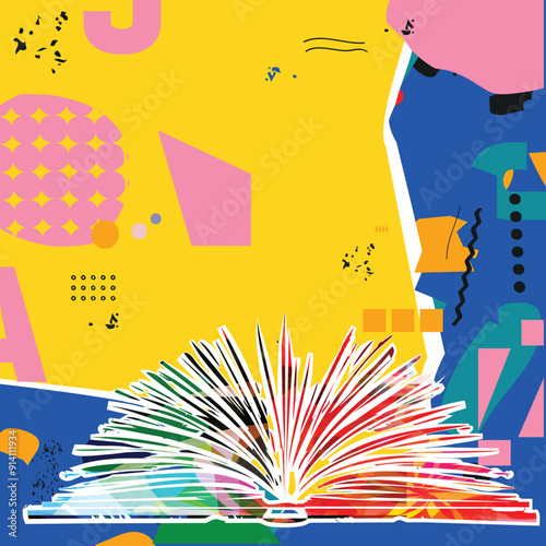 Book to read or book review concept. Open book vector on colorful background. Library online design