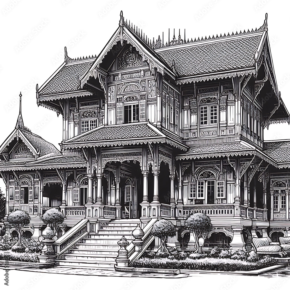 Fototapeta premium Black and white drawing of a historical building for children's coloring book.