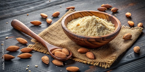 Freshly milled almond flour fills a rustic wooden bowl, surrounded by scattered nuts and a spoon, against a rich dark textured tablecloth background. photo