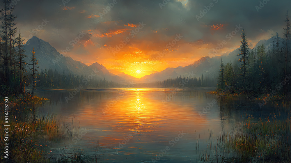 Serene sunset over a tranquil lake surrounded by majestic mountains and lush trees, creating a peaceful natural landscape. Serene sunset over a tranquil lake surrounded by majestic mountains and lush trees, creating a peaceful natural landscape.