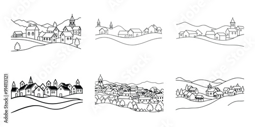 Village Line Art: Elegant Vector Illustrations of Countryside Scenes
