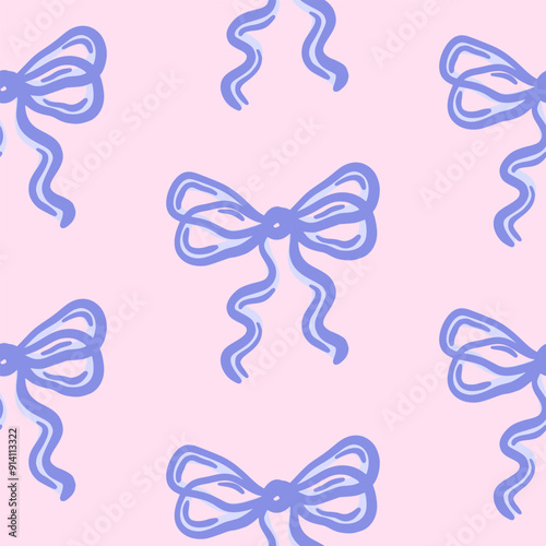 Seamless pattern of blue hand-drawn whimsical playful ribbon bows on pink background. Cute repeating design. Vector illustration in coquette aesthetic. Perfect for textile, wrapping paper.