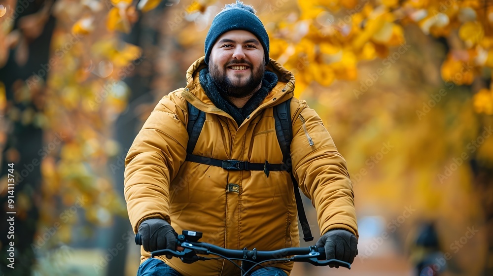 Overweight Man Joyfully Riding Bicycle in Vibrant Autumn Park Overweight Man Joyfully Riding Bicycle in Vibrant Autumn Park