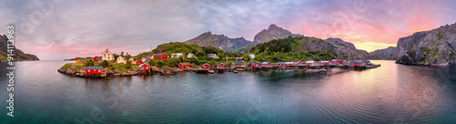 Fishing village Nusfjord at midnight sun - aerial panoramic view (Lofoten, Norway) photo